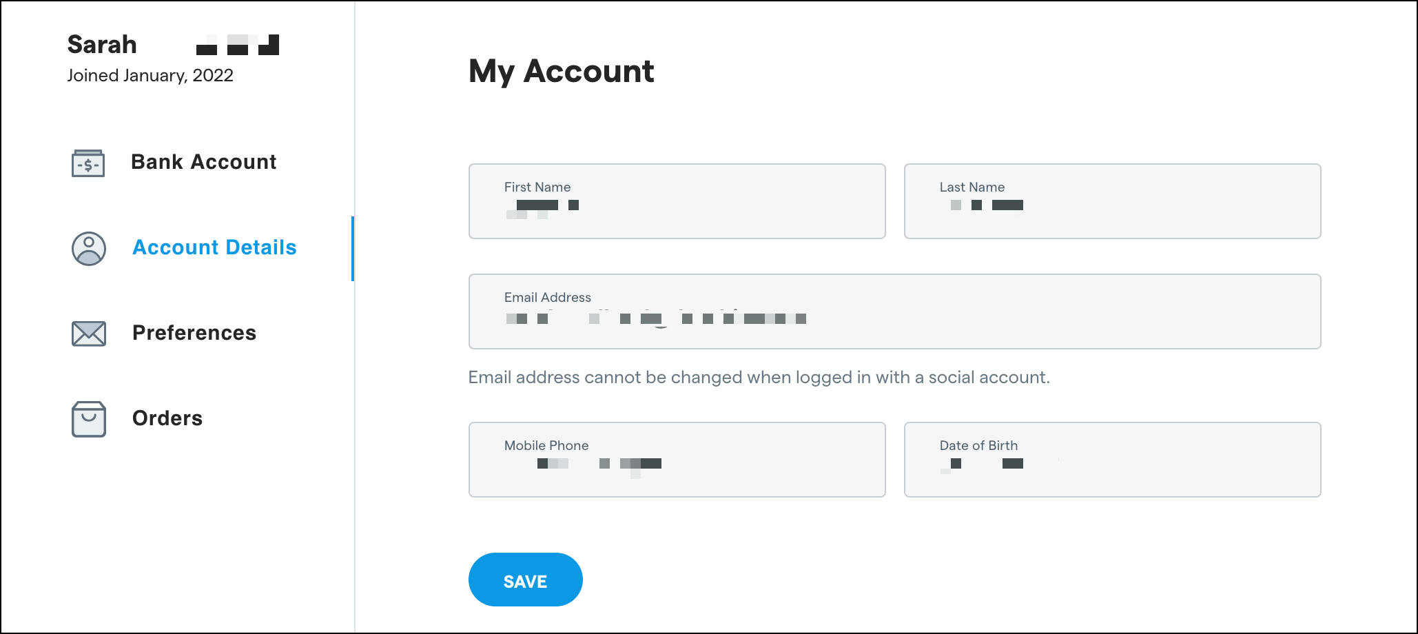 Account details interface with user information.
